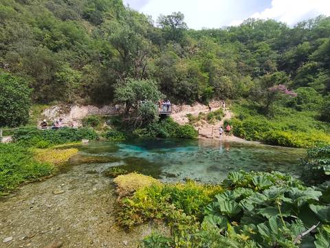 Clear blue spring surrounded by lush foliage and people on a walkway.