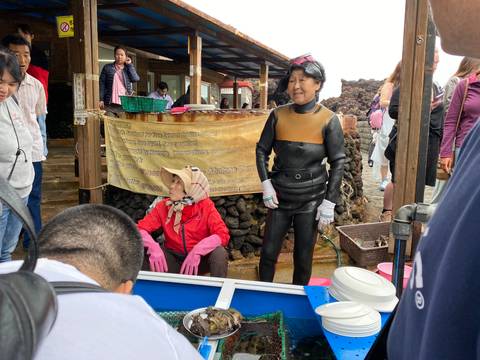 Female divers in wetsuits at a seafood market.