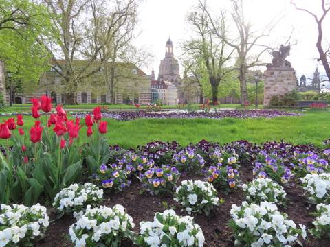 A city park with colorful flowers and historic buildings.