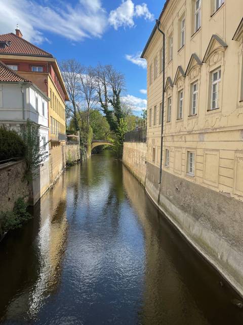 A narrow canal flanked by old buildings and trees.