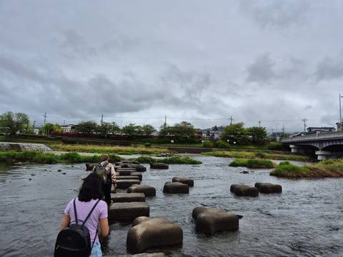       People crossing stepping stones over a shallow river.
  
