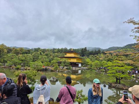       Golden pavilion reflected on a pond with trees.
  