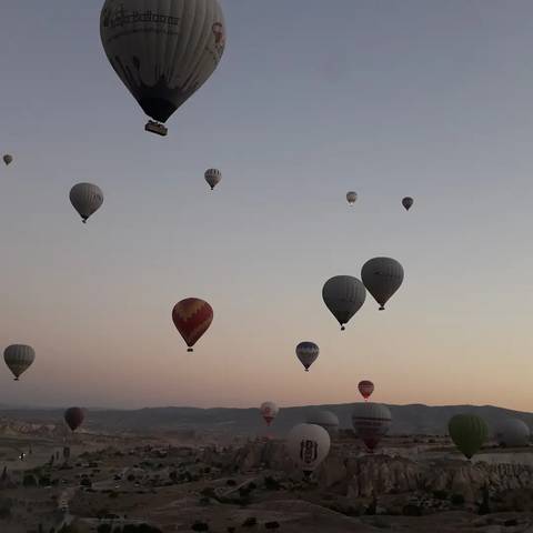 Hot air balloons in the sky at sunrise.