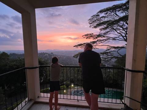 Two people enjoying a sunset view from a balcony, with a large tree in the background.