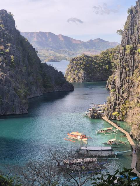       Dramatic view of a narrow bay with steep cliffs.
  