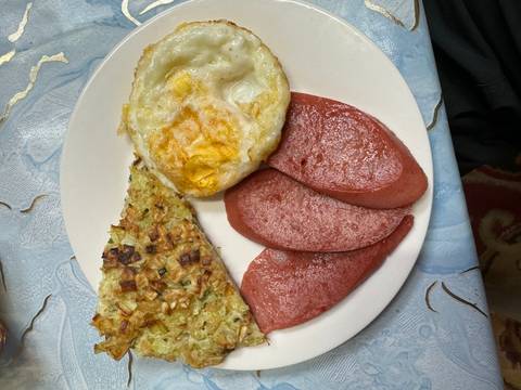       Plate with eggs, sausage, and other foods.
  