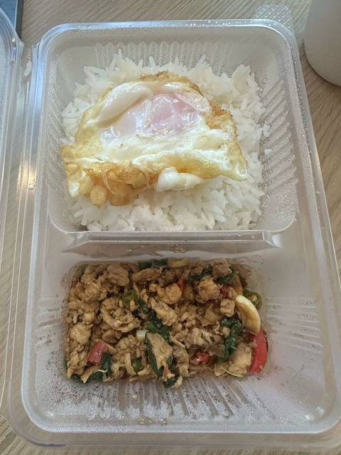 Plastic food container with rice, egg, and stir-fried meat.
