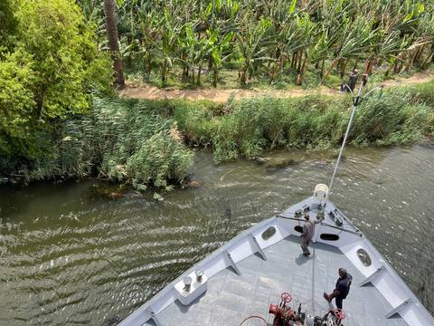       Boat navigating through Nile river with lush banks.
  