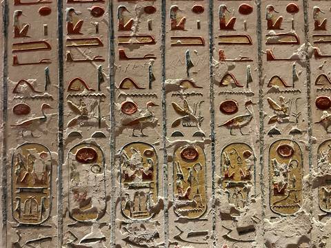       Close-up of ancient Egyptian hieroglyphs on a wall.
  