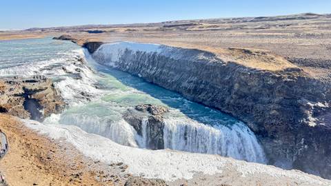 Wide-angle view of Gullfoss waterfall.