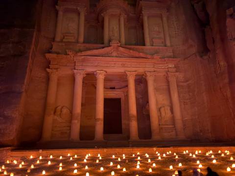       Famous archaeological site with illuminated stone facade.
  