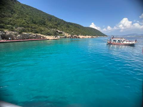       A boat on clear blue water by a rocky coast with blue skies.
  