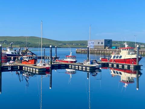       Harbor with boats reflected in calm water.
  