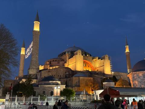 Imposing domed building illuminated at night.