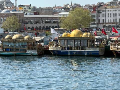       Traditional Turkish boats with domed roofs docked in the bay.
  