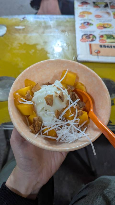       A bowl of dessert with mango, coconut, and yogurt.
  