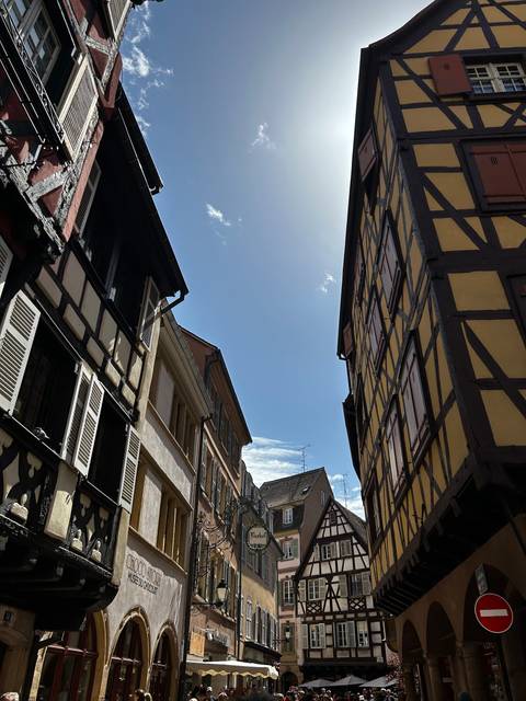 Old half-timbered buildings with a clear sky