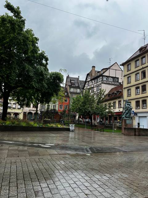       Colorful timber-framed buildings on a rainy day
  
