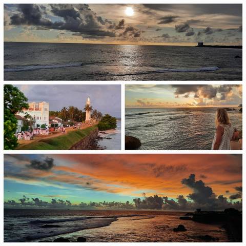       Collage of beach and sunset scenes.
  