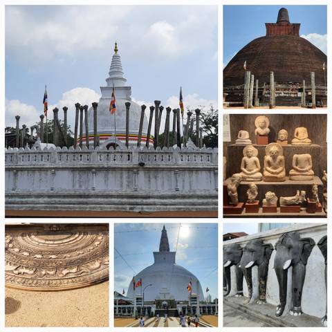 Collage of cultural artifacts including statues and dagoba.