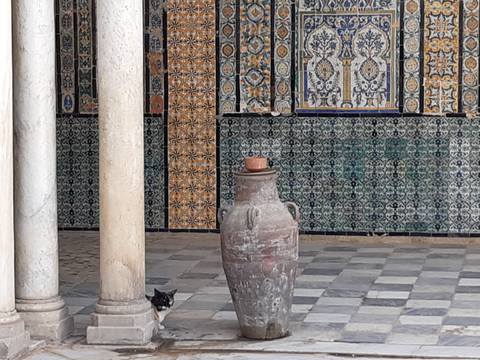Tiled courtyard with a large urn and a cat.