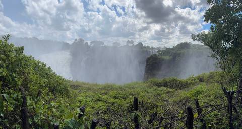 Victoria Falls with mist and lush greenery under cloudy sky.