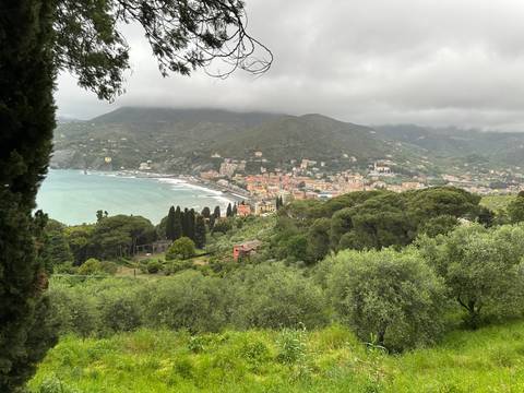 A scenic view of a coastal town with mountains and the sea.
