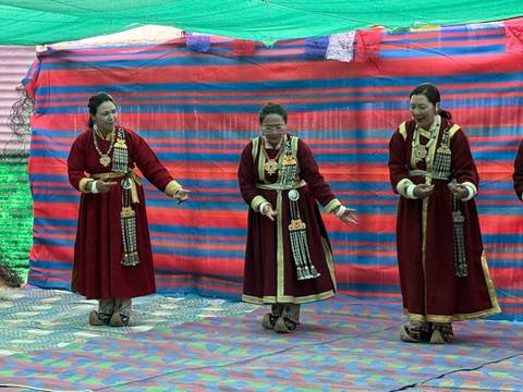      Women in traditional attire performing a dance.
  