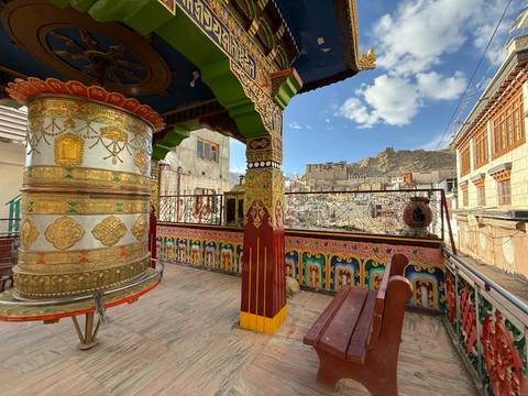       Scenic view from a traditional Ladakhi balcony.
  