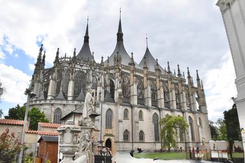 Gothic architecture of a cathedral with pointed spires.