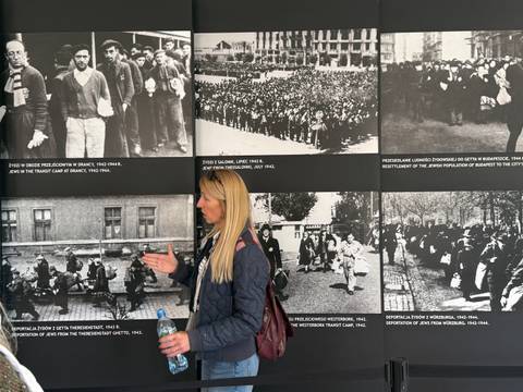       Woman observing historical photographs on display.
  