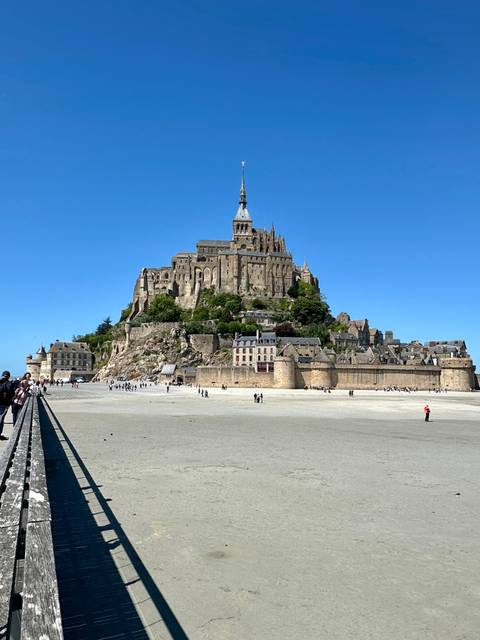 Mont Saint-Michel with tourists at the base.