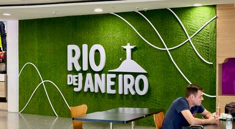       A Rio de Janeiro themed area with seating.
  