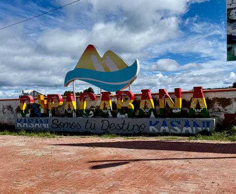       A sign for Copacabana with colorful decoration.
  