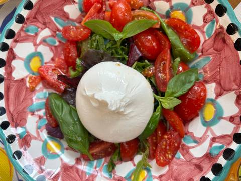Caprese salad with mozzarella and tomatoes on a colorful plate.