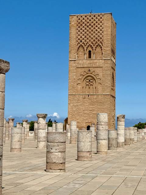 Hassan Tower surrounded by stone columns.