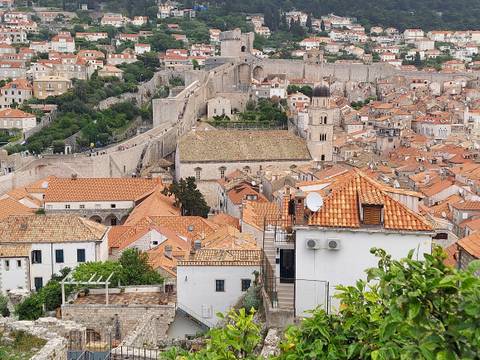 View of the old town of Dubrovnik with city walls.