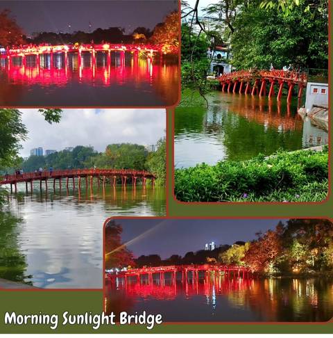 Collage of a vibrant red bridge over a lake.