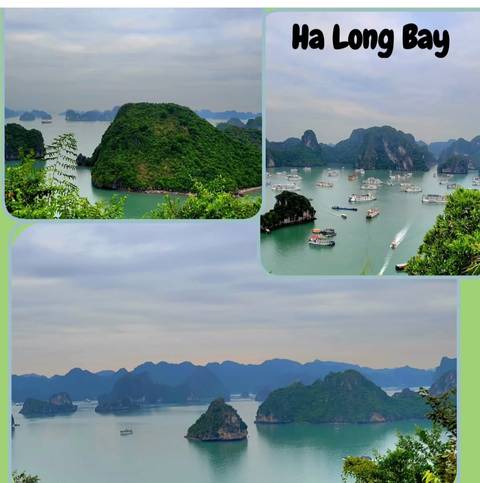 Collage showing limestone karsts and boats on a bay.