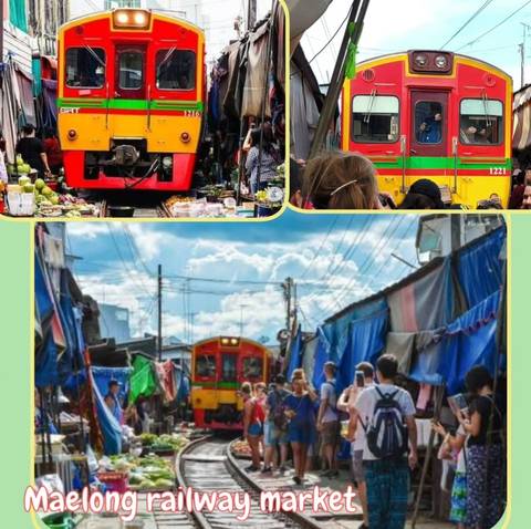 Collage of vibrant train market scenes with people.