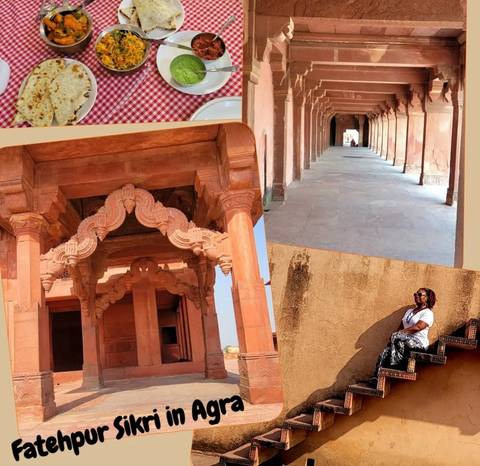       Collage showing historic red sandstone structures and a person posing.
  
