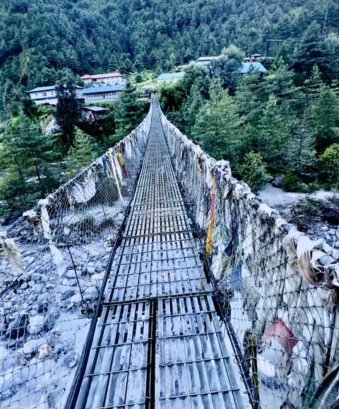       Suspension bridge covered with prayer flags stretching over a valley.
  