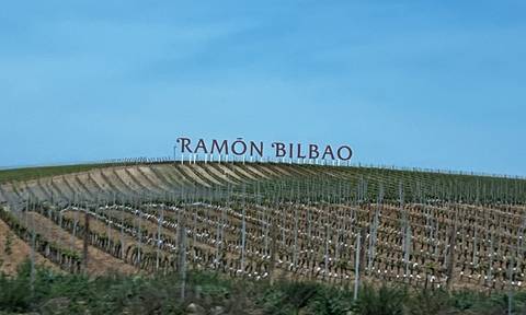 Vineyard landscape with a large sign displaying "Ramón Bilbao".
