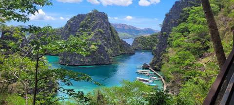      Scenic lagoon surrounded by lush greenery and cliffs.
  
