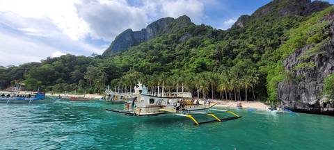       Palm-lined beach with turquoise water and boats.
  