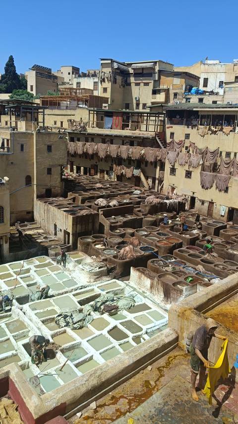      A traditional tannery with colorful dye vats.
  