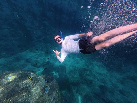 A person snorkeling underwater with clear blue sea.