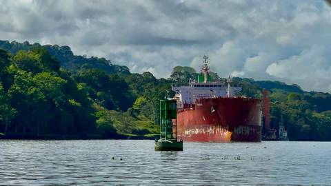       Large cargo ship navigating through a river with lush green banks.
  