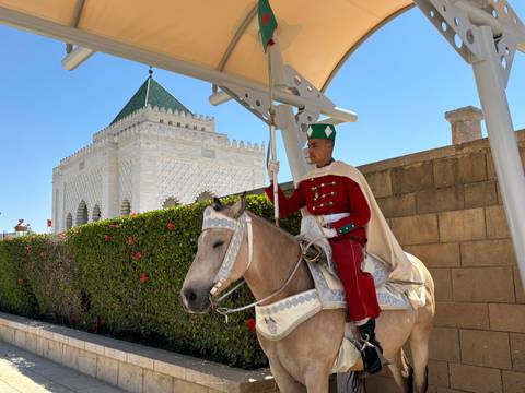 Guard on horseback in front of a decorative building.