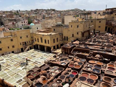 Traditional leather tanneries in a cityscape.